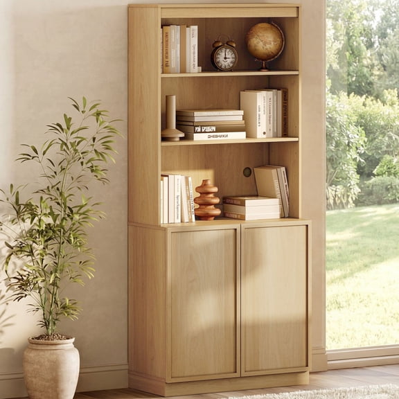 Modern 72" Tall Bookshelf with Storage Cabinet and Open Book Shelves, Wood Book shelf for Home Office, Living room,Oak