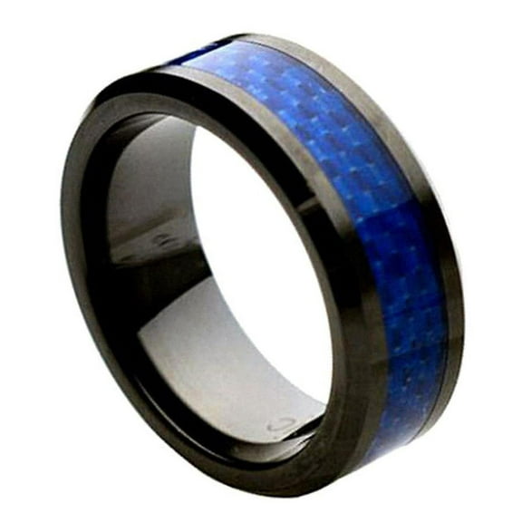 8mm Ceramic Beveled Edge with Blue Carbon Fiber Inlay Wedding Band Ring For Men and Ladies