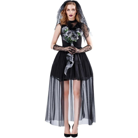 FYEGRE Gothic Undead Bride Wedding Dress Elegant Halloween Scary Outfit For Women Black XL