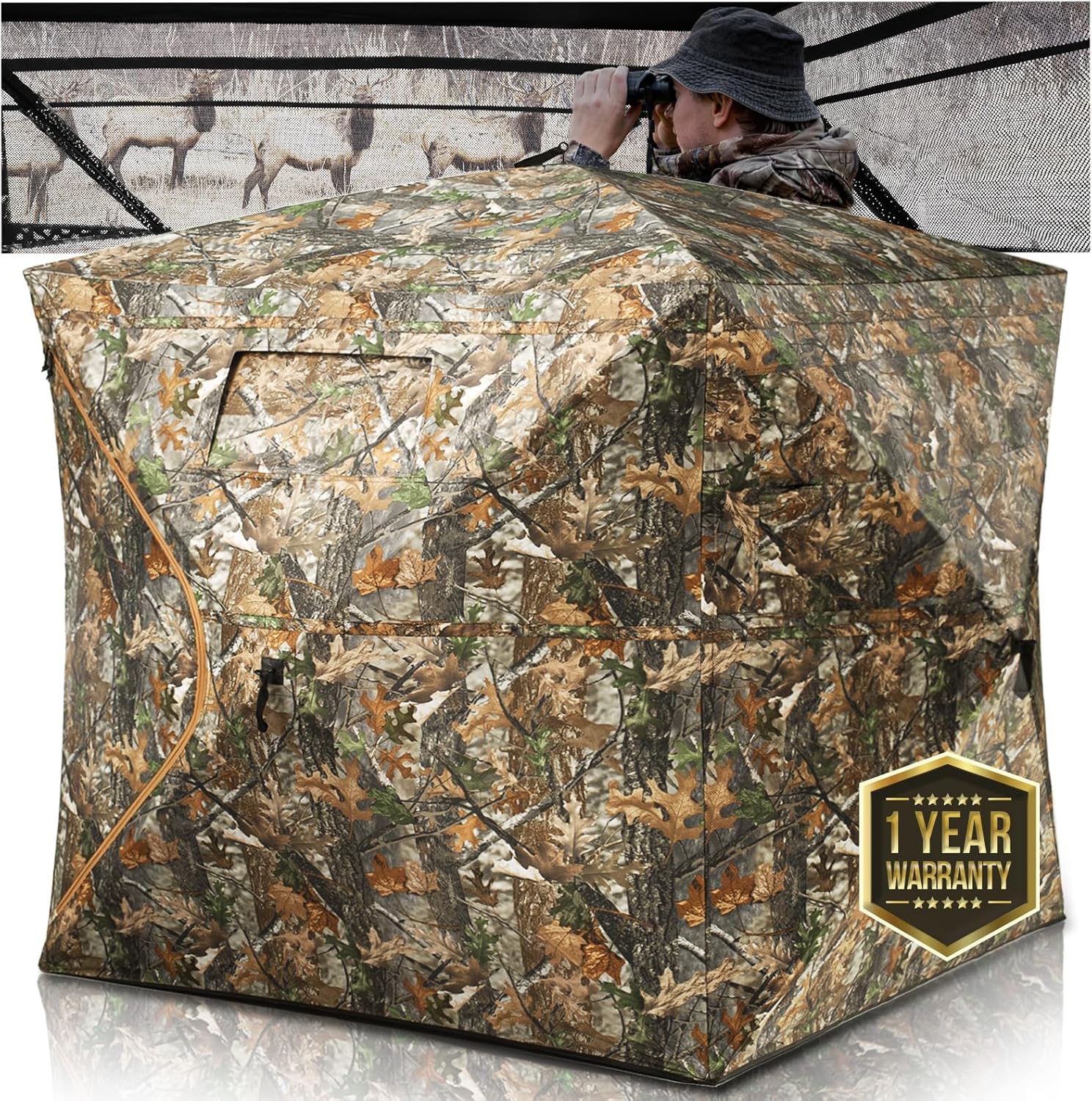 Real Tree Camo Pop-Up Hunting Blind – Portable 5-Hub, 2-Person, 9 Windows