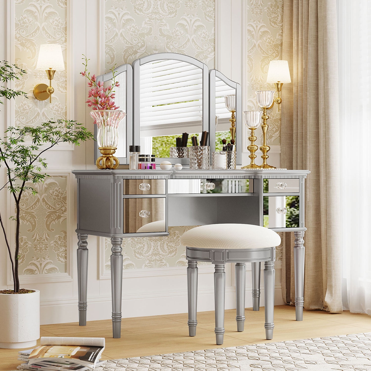 Resenkos 43" Dressing Table Set with Mirrored Drawers and Stool, Tri-fold Mirror, Makeup Vanity Set for Bedroom, Silver Resenkos 43" Dressing Table Set with Mirrored Drawers and Stool, Tri-fold Mirror, Makeup Vanity Set for Bedroom, Silver