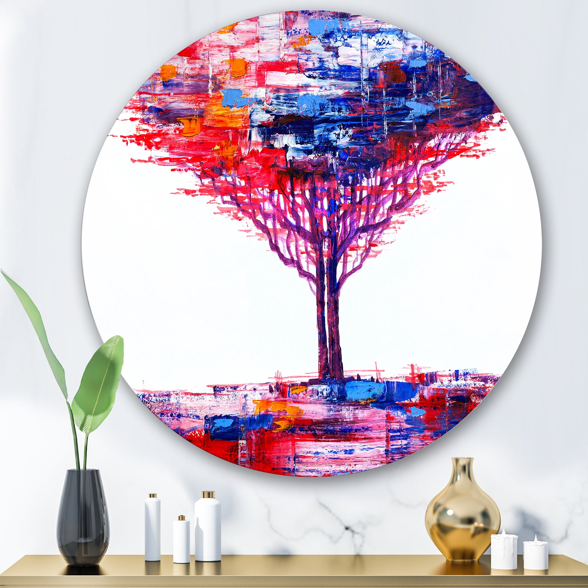 Designart 'Abstract Colorful Tree Impressionist On A White' Modern Circle Metal Wall Art 29x29 - Disc of 29
