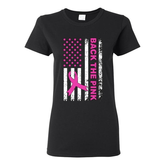 Wild Bobby Back the Pink American Flag Breast Cancer Awareness Women Graphic Tee, Black, Small