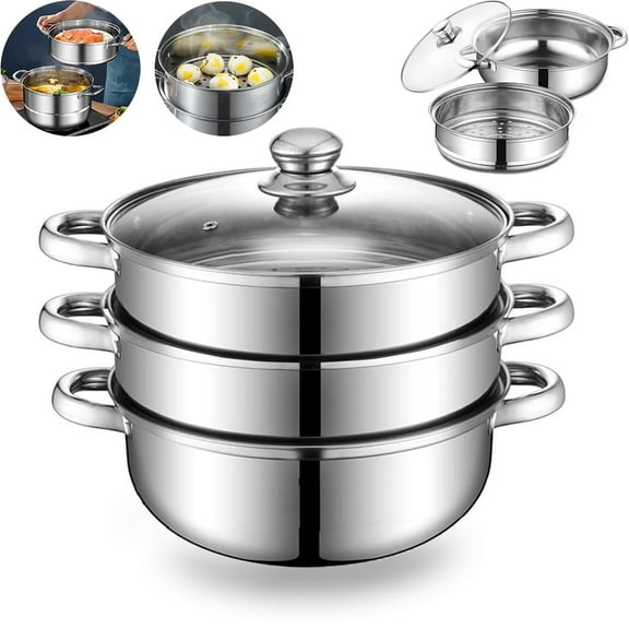 OhhGo Steamer for Cooking, 11 inch Stainless Steel Steamer Pot, 3 Tier Food Steamer Steam Pots with Lid for Kitchen Cooking Vegetables, Seafood, Soups, Stews and Pasta