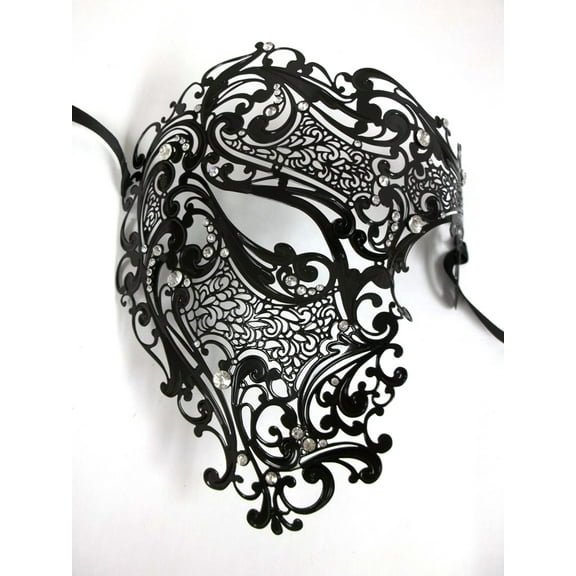 Black Phantom Laser Cut Metal Venetian Masquerade Mask Men Crystals Filigree