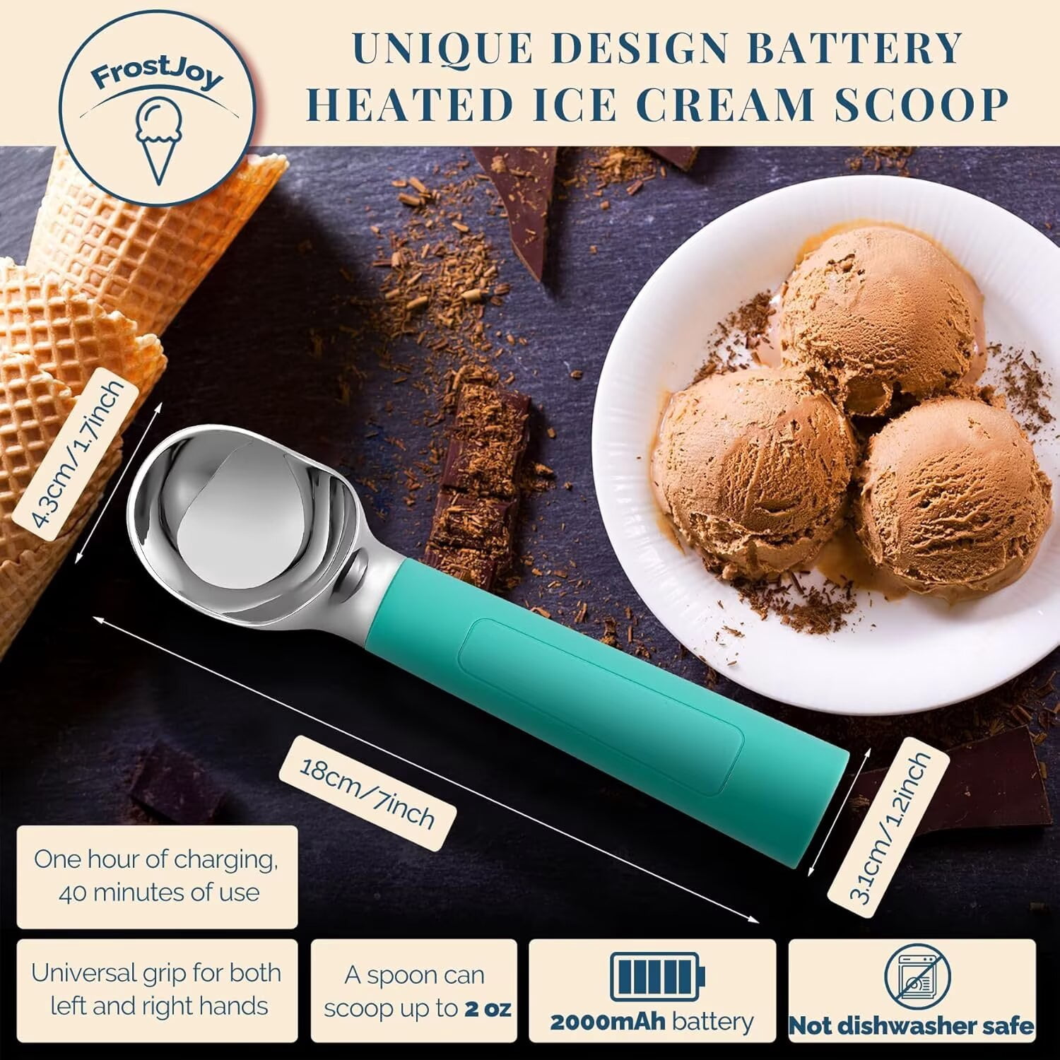 Heated Ice Cream Scoop, USB Rechargeable Electric Scooper with LED Display, Heats to 158°F for Hard Ice Cream, Easy for Seniors & Kids, IP69 Waterproof-Retro Mint