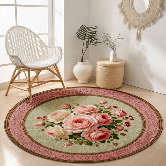 Floral Round Velvet Area Rug Soft Plush Rose Pattern Carpet for Bedroom Living Room Home Decor Non Slip Floor Mat SPXUBZ 31.5"×31.5"