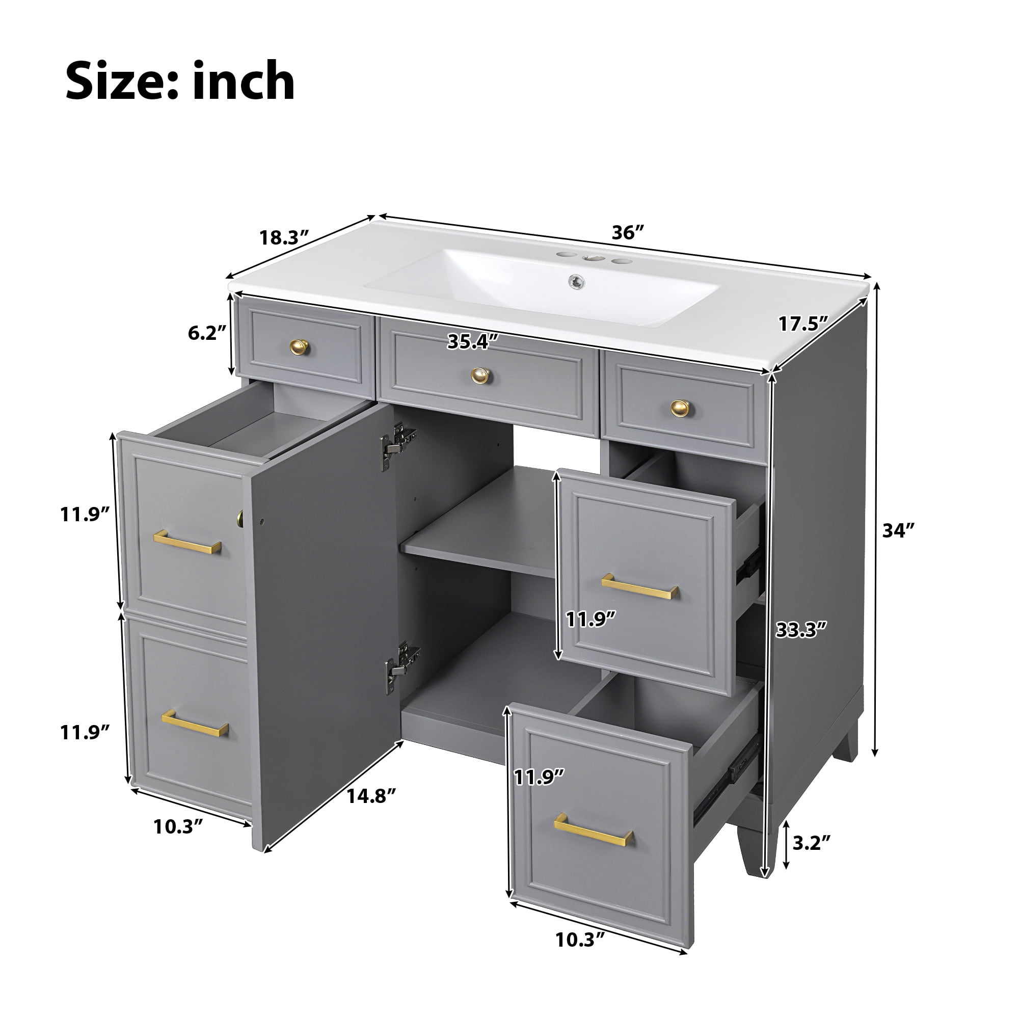 Euroco 36" Bathroom Vanity with Ceramic Sink, Grey, Solid Wood Frame, Soft Close Doors, Adjustable Shelves, 3 Drawers, Including Double-Depth Drawer for Hairdryer Storage