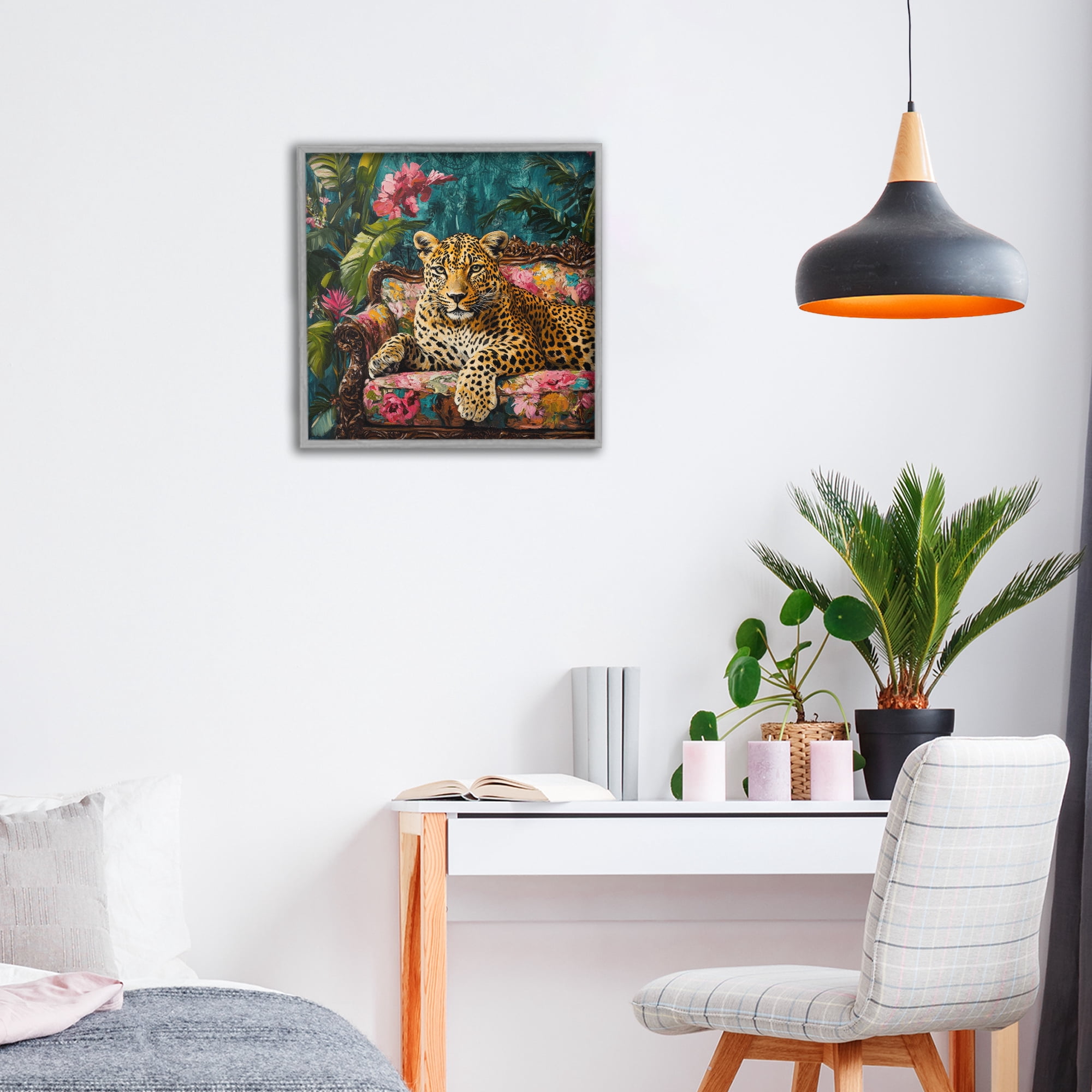 Stupell Industries Fashionable Leopard on Floral Sofa Gray Framed Giclee Art, design by Petal Prints Design