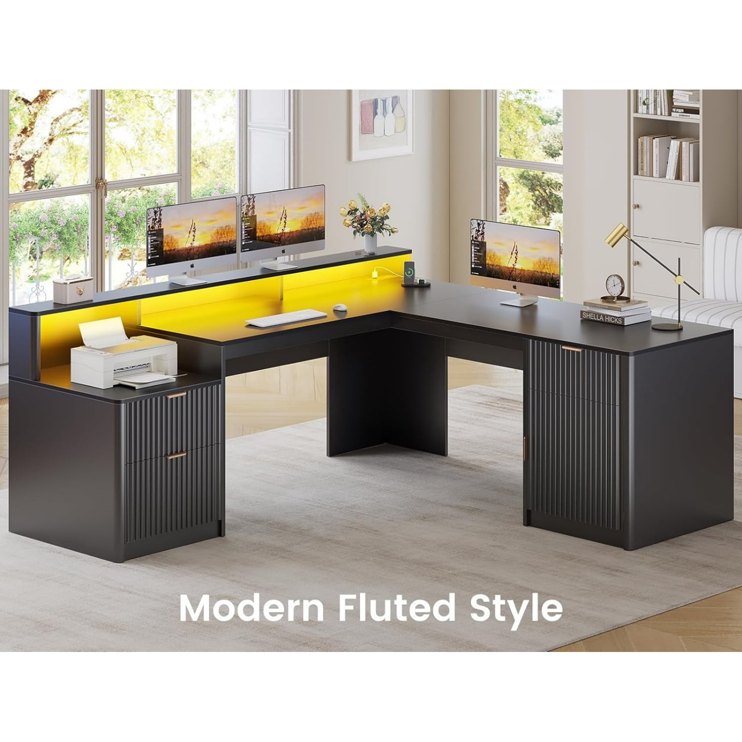 66" Fluted Home Office Desk with Storage, L Shaped Desk with Power Outlets & Monitor Stand, Wood Computer Desk with Drawers & Cabinet, Corner Desk with LED Lights for Bedroom, Black