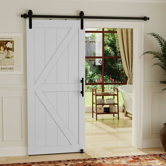 Holaki 30 in. x 84 in MDF White K-Shaped Barn Door with Hardware - Includes Round Tube Handrail and Swing Stop, Perfect for Modern and Rustic Interiors