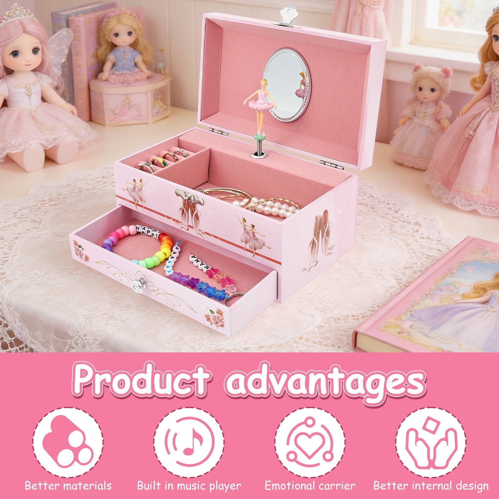 Classical Ballerina Musical Jewelry Box with Drawer and Dancing Ballerina,Girls Gifts for Kids Jewel Storage, Girls Music Box for Kids Ages 3-12 Gift