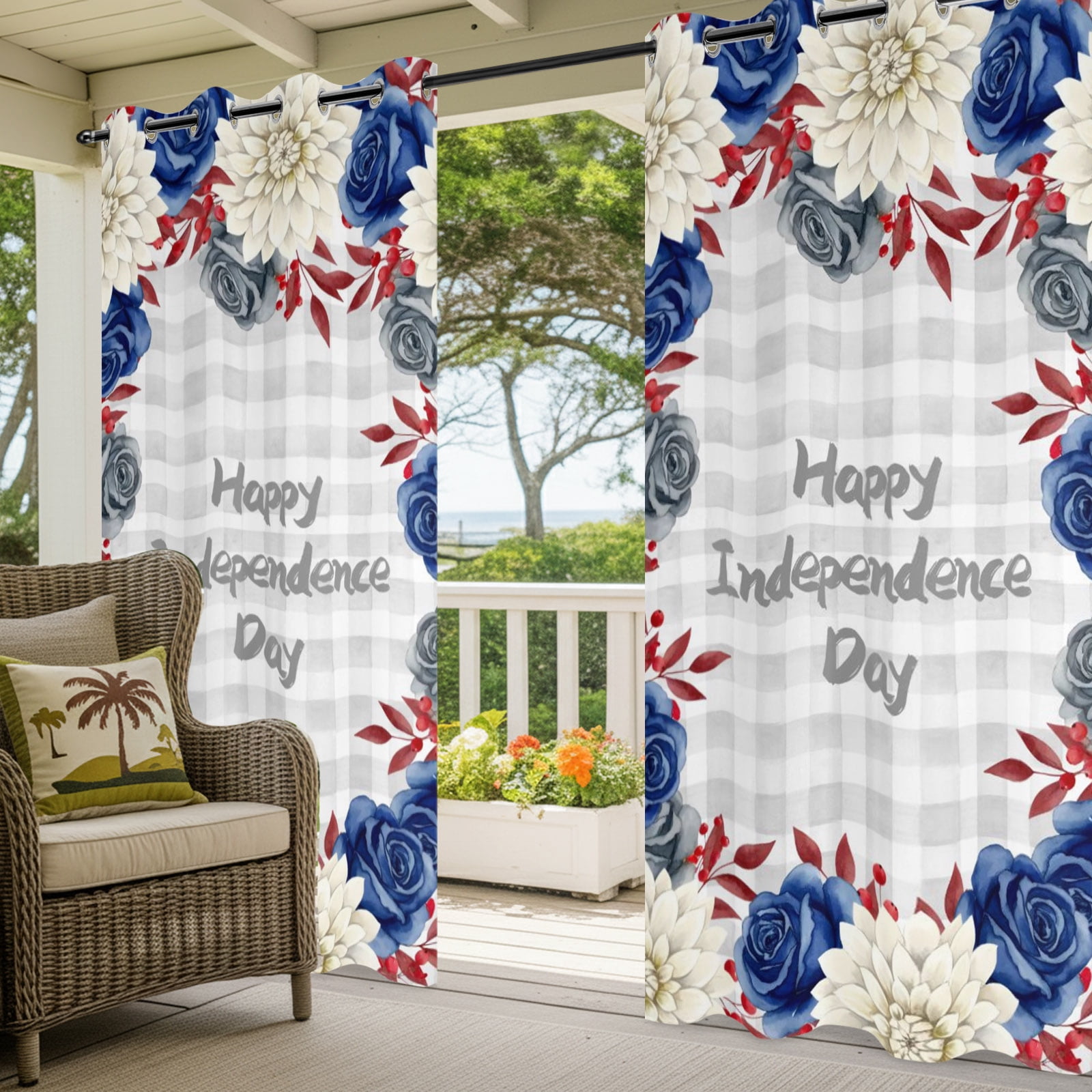Happy Independence Day Outdoor Curtains for Patio, Red Blue Rose Dahlia Floral Plaid Sunshade Privacy Drapes Grommet Waterproof Outside Curtains for Porch/Cabana/Balcony 54"x 84", 1 Panel