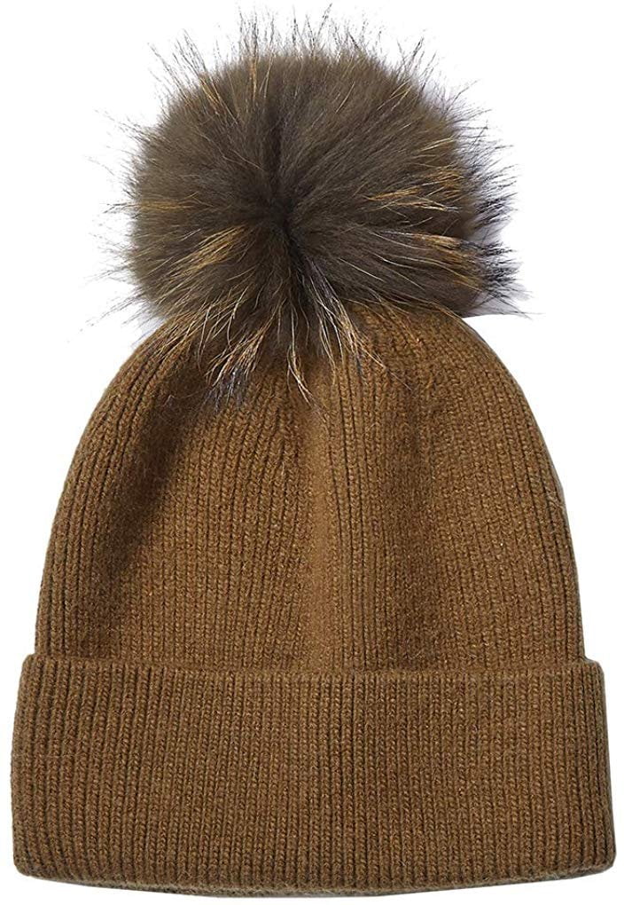 Fox Fur Pompom Ball Cap Knitted Ski Hat Warm Cashmere Blend Cuffed Beanie Winter 