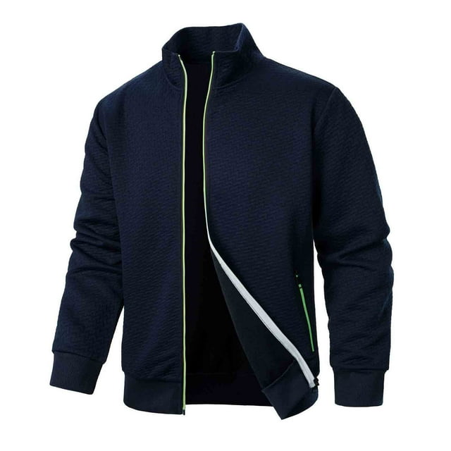 Men's Spring Fall Winter Jacquard Fleece Full Zip Jacket - Lightweight Collared Windbreaker with Textured Fabric & Pockets (Casual/Outdoor)