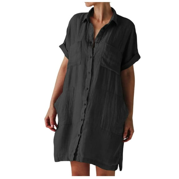 Summer Dress Saving! Dresses for Women Button Shirt Dress Loose Turndown Collar Short Sleeve Dresses with Pockets Black L