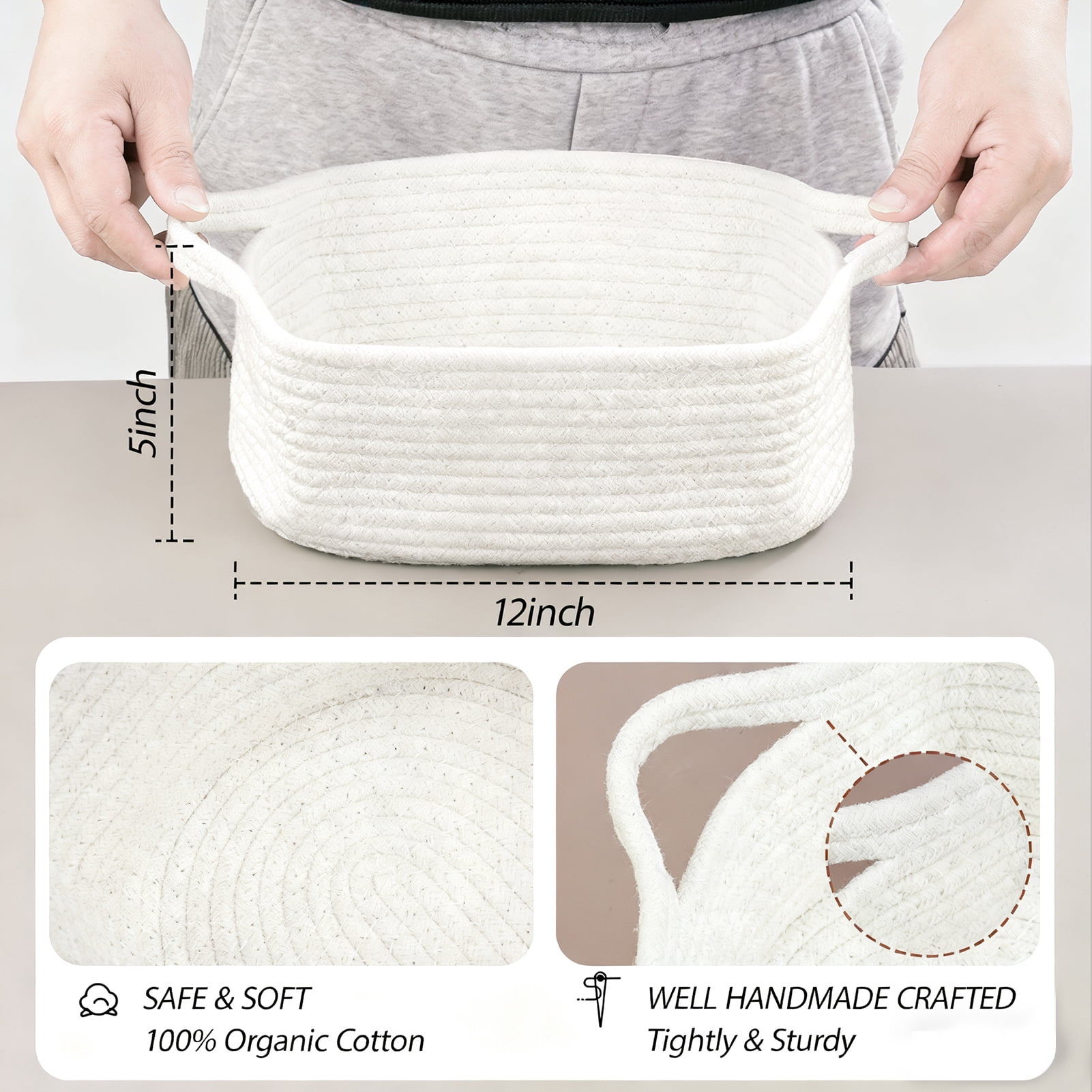 Lumikrypt 3 Pack Woven Basket with Gift Bags and Ribbons, 12" x 8" x 5" Empty Gift Basket with Handles, Small Rope Basket for Storage, White