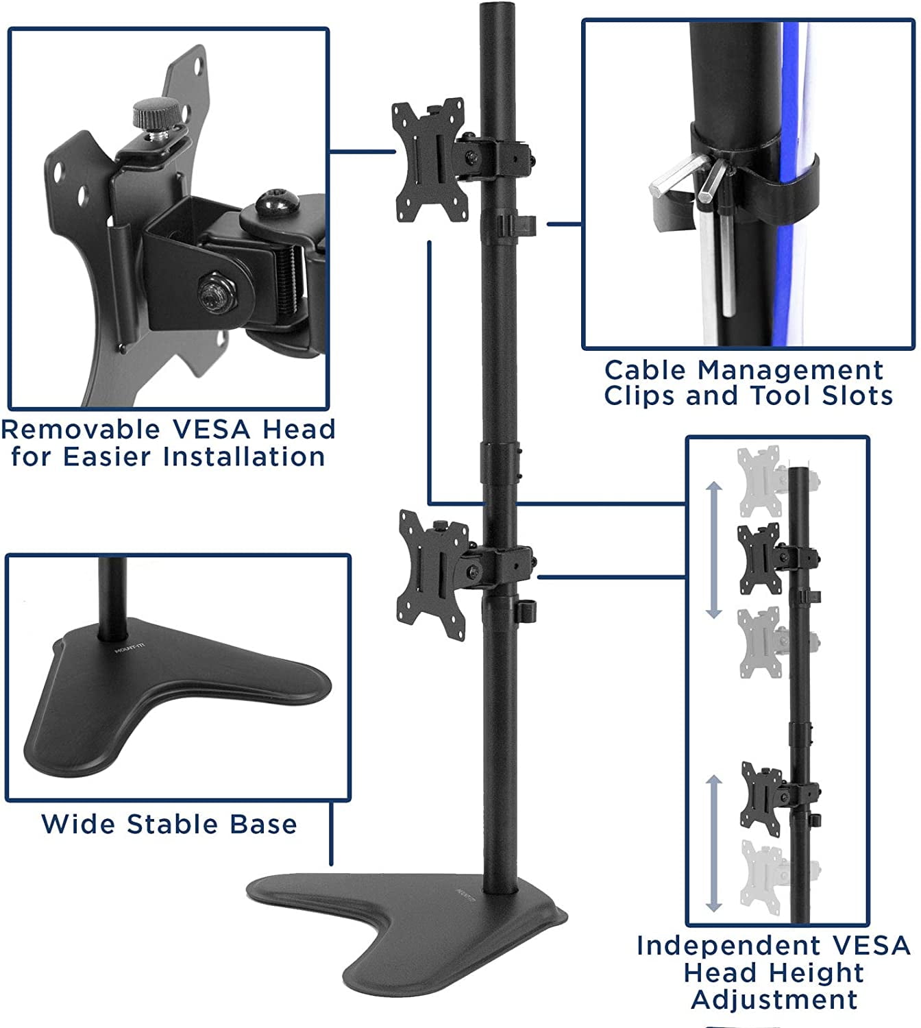 Vertical Dual Monitor Stand for Two 13-32 Inch Screens, Height Adjustable  Standing Pole with Tilt Swivel Rotate, Ergonomic VESA Riser, Black