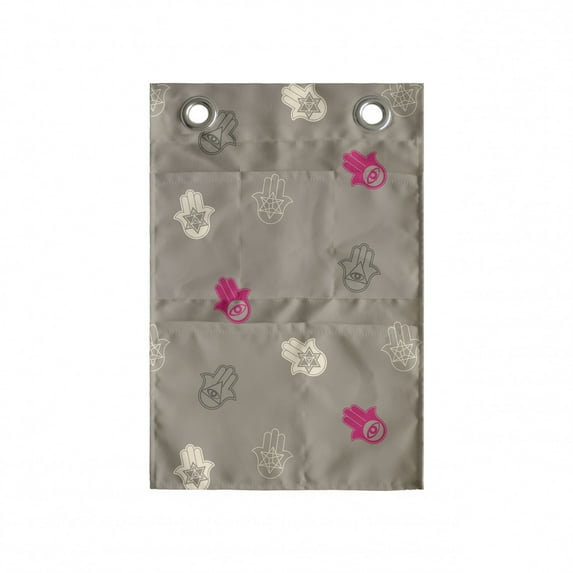 Ethnic Hanging Pocket Organizer, Pattern of Hamsa Kabbalah Traditional Symbolic Elements, Printed Polyester Storage Bag with Pockets, 14" x 20", Dark Tan Champagne