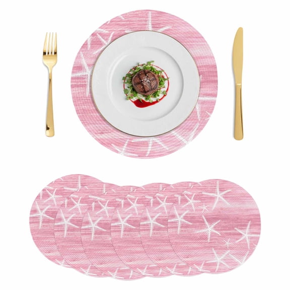 Pink Coastal Round 13 Inch Placemats Set of 6, Summer Ocean Waves Ombre Sea Starfish HeatResistant Non Slip Place Mats for Dining Table, Wipeable Braided Kitchen Table Mats for Housewarming