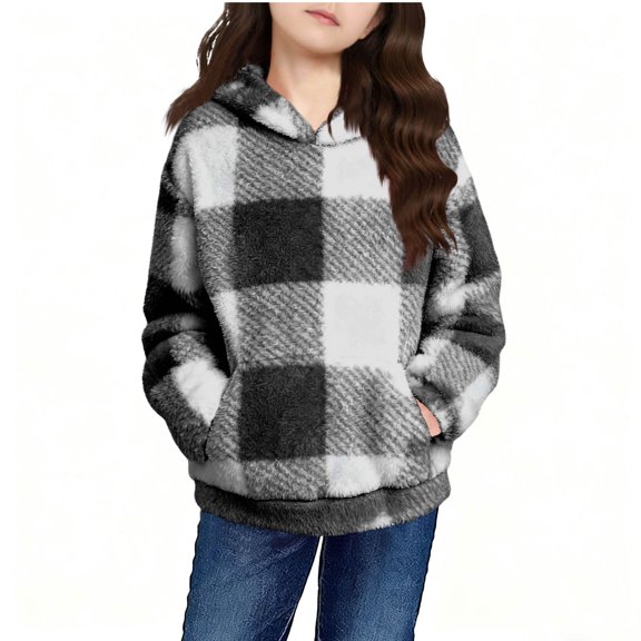 IVEYRTF Kids Boys Girls Plaid Double-Faced Fleece Hooded Coat with Pockets Fall Winter Warm Windproof Casual Jacket Outerwear for Children 5-15 Years(Black,14 Years)