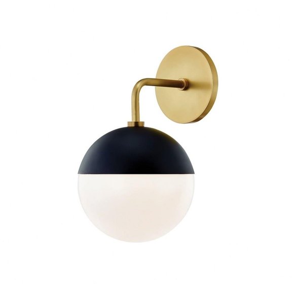 1 Light Modern Steel Orb Wall Sconce with Opal Glossy Glass-11.75 inches H By 6.75 inches W-Aged Brass Black Finish Bailey Street Home