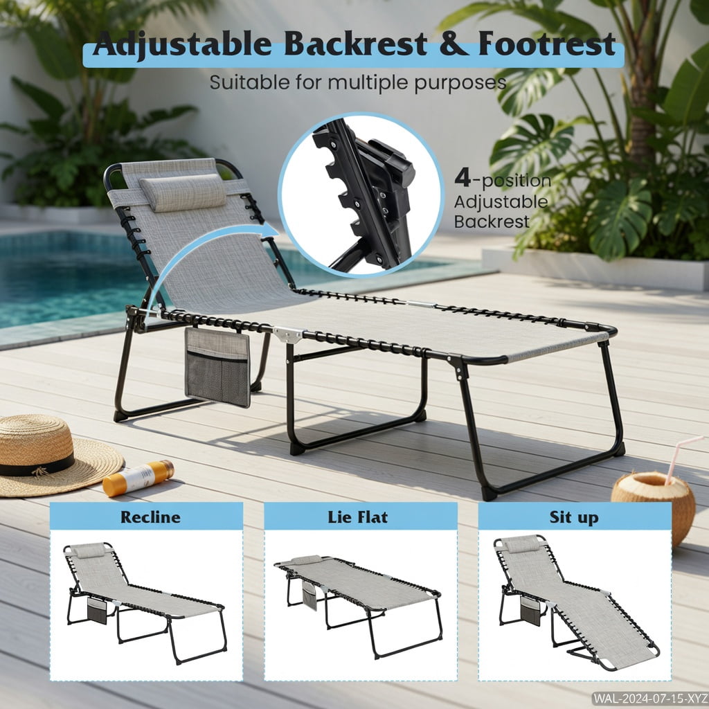 Hommoo 4-Position Adjustable Folding Lounge Chair with Detachable Headrest & Side Pocket, Heavy-Duty Steel Frame, Portable Sun Lounger for Poolside, Backyard & Camping, Gray