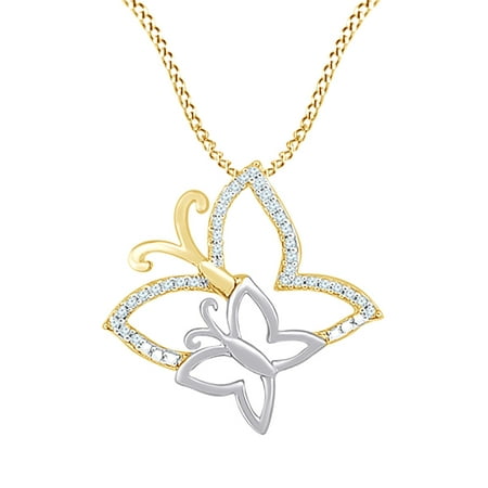 - White Natural Diamond Mother & Child Butterfly Pendant Necklace In 10K Yellow Gold (0.056 Cttw)