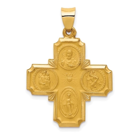 DewberryDiamonds 14k Yellow Gold Polished and Satin Hollow Four-Way Religious Medal Pendant (Weight : 1.43 g, Length : 34 mm, Width : 24.5 mm)