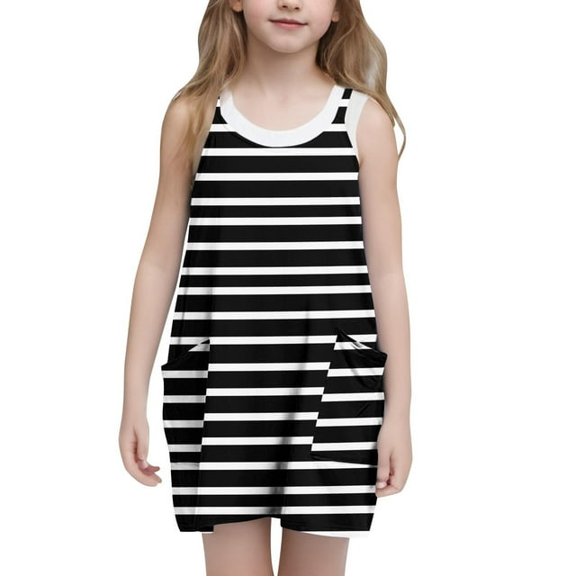 Bwiyojiz Tailles Mode 120-160 Robe Sans Manches à Col Rond Décontractée d'Été à Bretelles Combishort Robes Tennis avec Poches pour Enfant, 7 Ans, Cadeaux pour la Maison, Noir