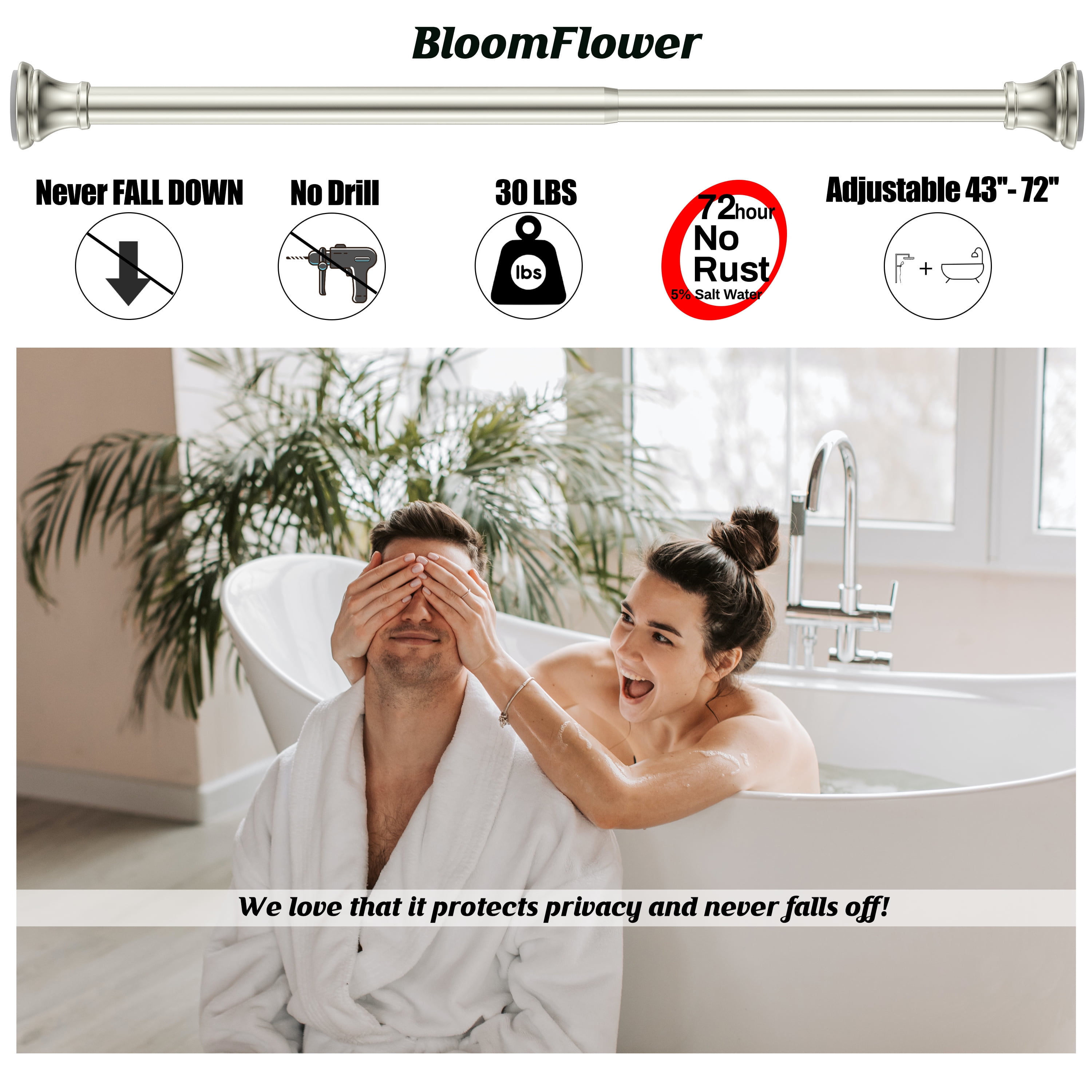 BloomFlower Nickel Shower Curtain Rod, 43-72 inches, Brushed Nickel ,Never Rust , Metal Rod,Spring Tension