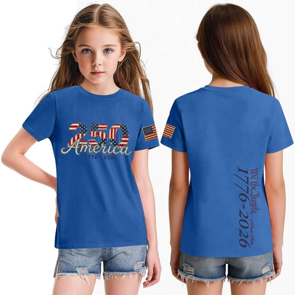CCRFTGI 4th of July Shirts for Children Girls Size 10-12 Short Sleeve Happy 250 anniversary usa shirt Summer Casual T-Shirts Independence Day Teen Girl Clothes Tee Top Blue 10-11 Years