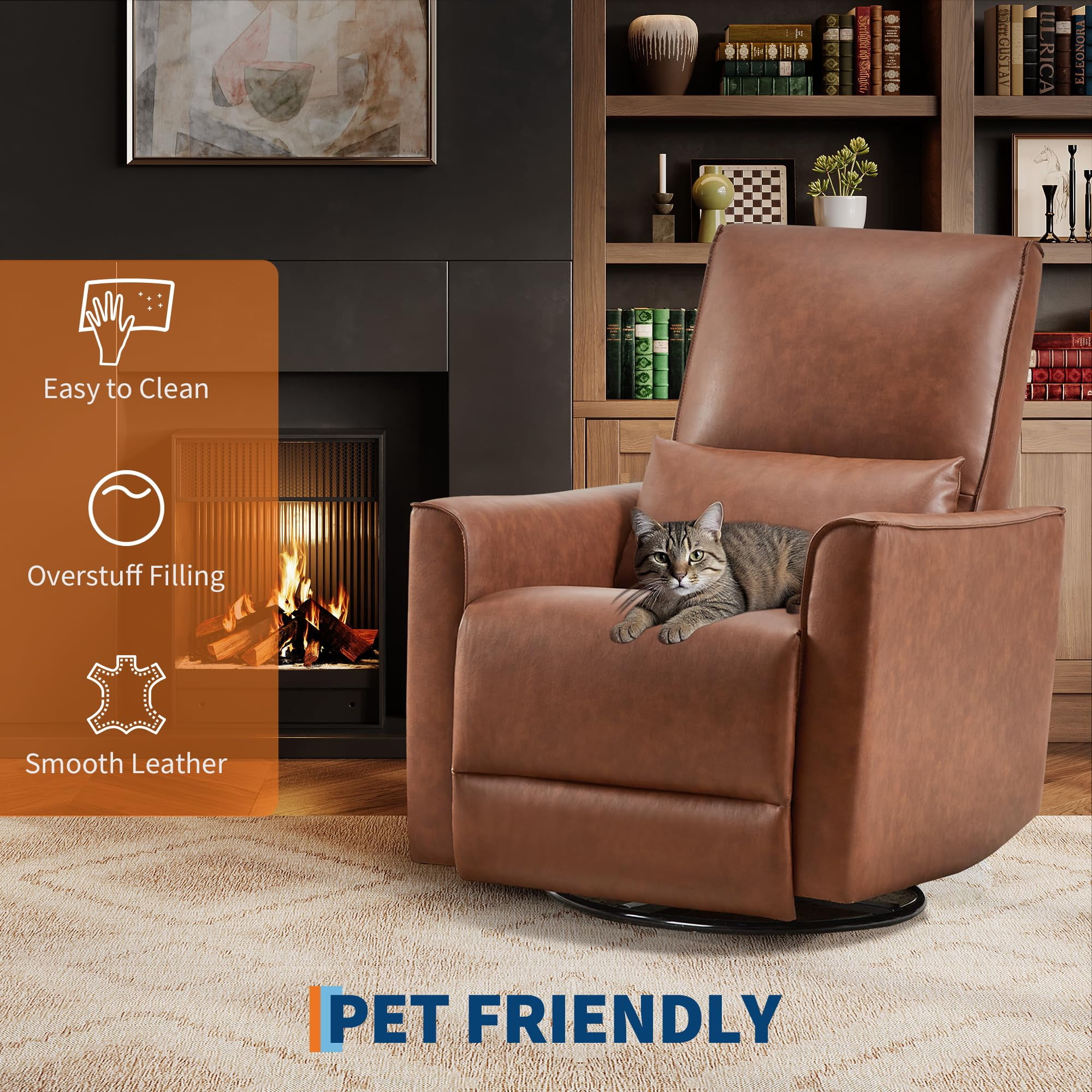 Swivel Rocking Recliner Chair, 360° Leather Recliner with Adjustable Backrest Rocker Recliner Glider Deep Seat PU Leather Sofa Chair with high Backrest for Living Room, Bedroom,Nursery
