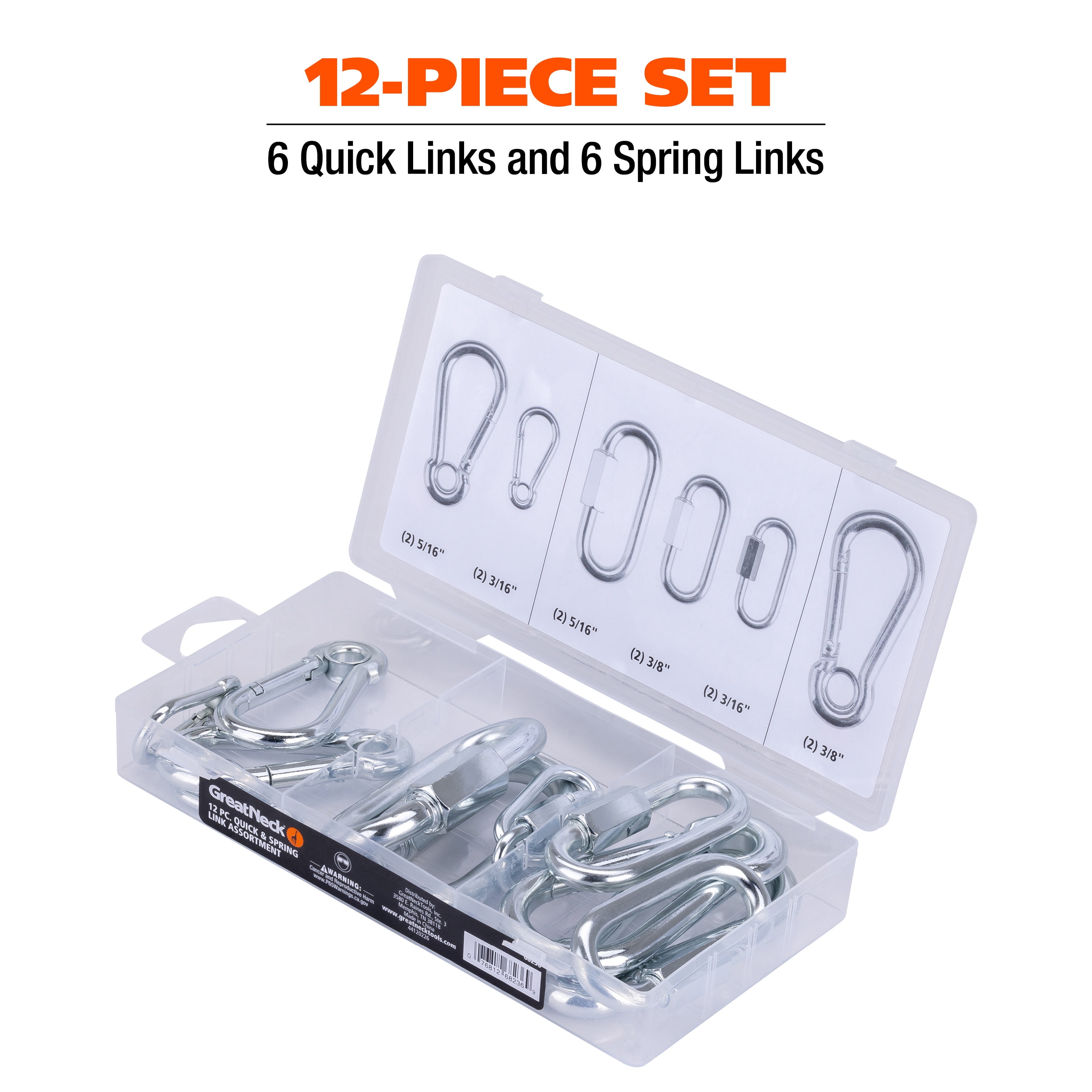 GreatNeck Steel Quick & Spring Link Assortment, 12 Piece Set, Durable Hardware Screws for Rigging & Securing
