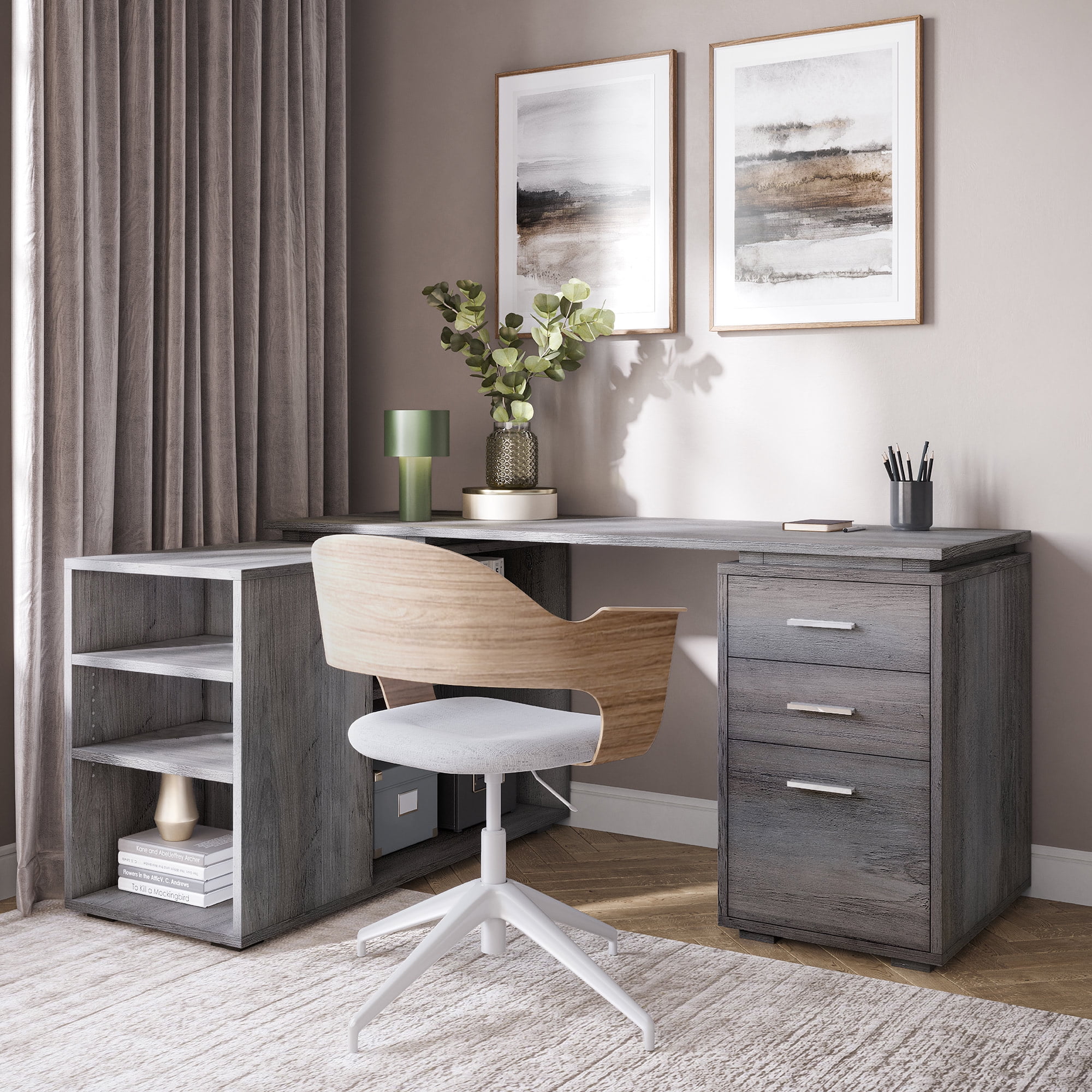 BELLEZE Trition L Shaped Computer Desk Home Office Corner Desk With Open Shelves And Drawers, Gray Wash
