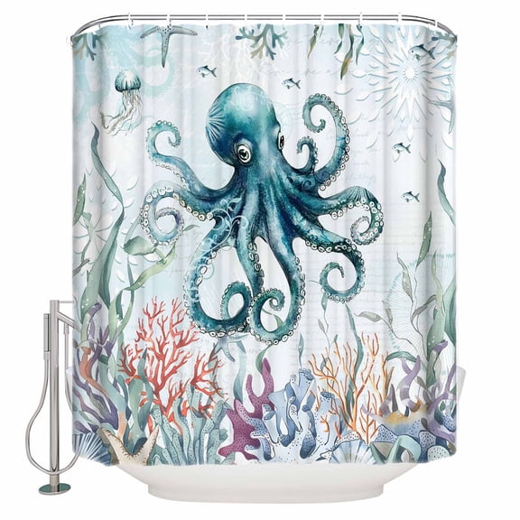 Small Stall Shower Curtain 36x72 Inch Narrow Half Size Teal Octopus Coastal Bath Curtains Bathroom Decor Summer Beach Ocean Coral Nautical Waterproof Fabric Shower Curtain Set with Hooks 36 Inch