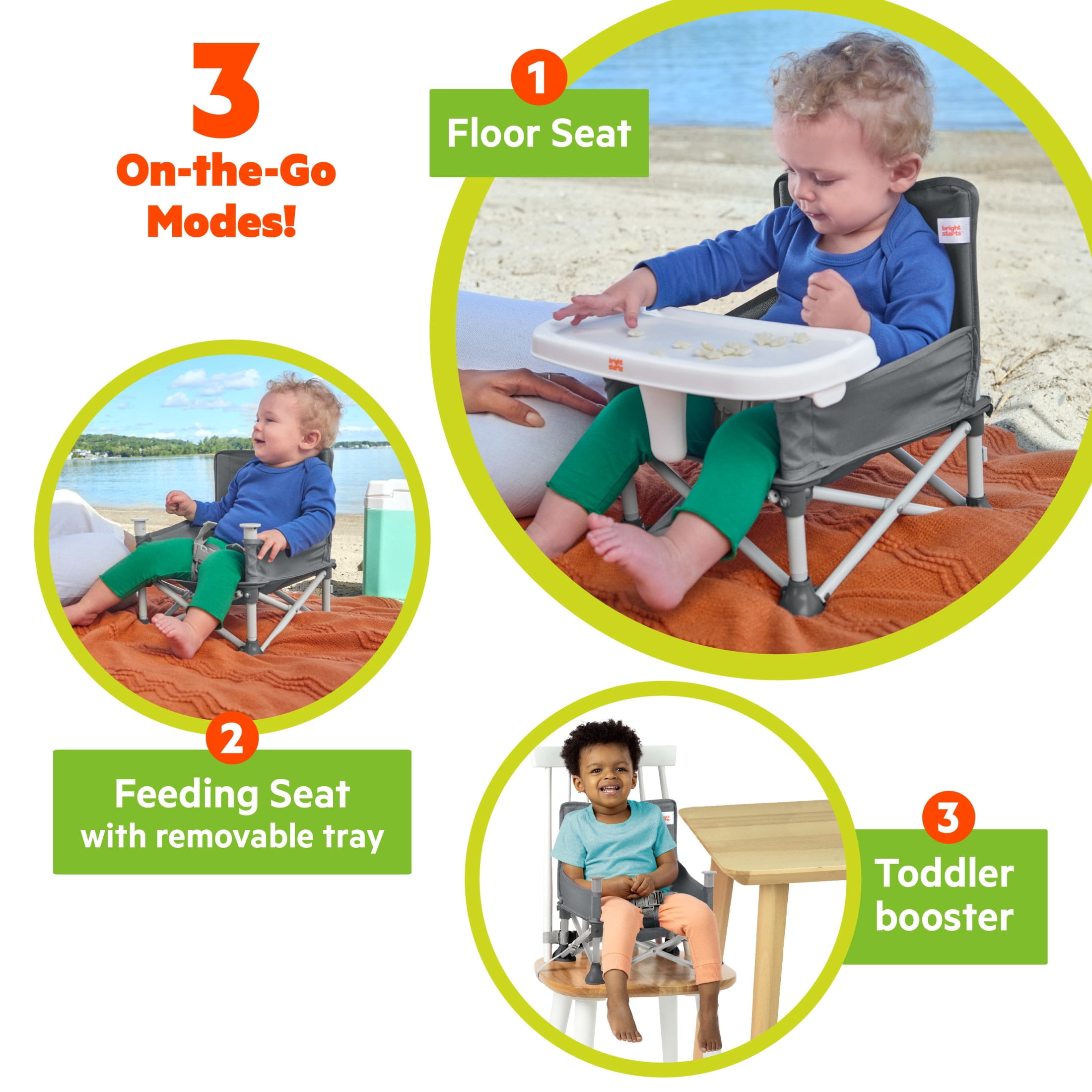 Bright Starts Pop 'N Sit Portable Booster, Grey, Infant to Toddler