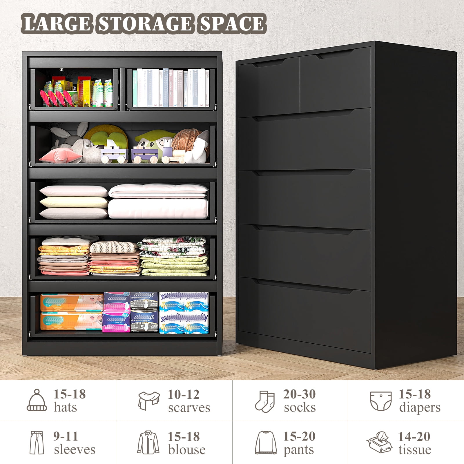 EnHomee Black Tall Dresser Wood 6 Drawer Dressers for Bedroom Wood Chest of Drawers with Smooth Metal Rail Large Dresser Modern Storage Cabinet for Home Office Living Room, 43.3"H x 27.5"L x 15.7"D