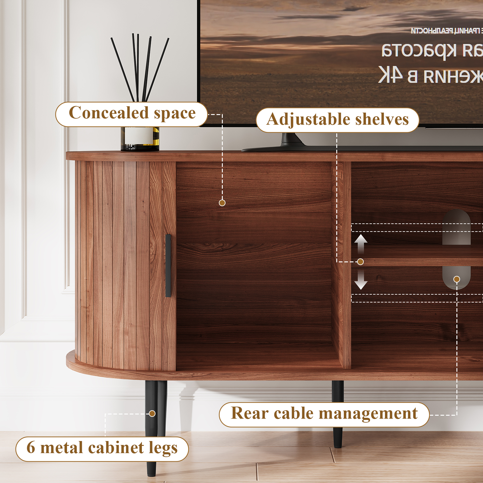HLR 55" Mid-Century Modern TV Stand with Sliding Doors, Brown photo 4