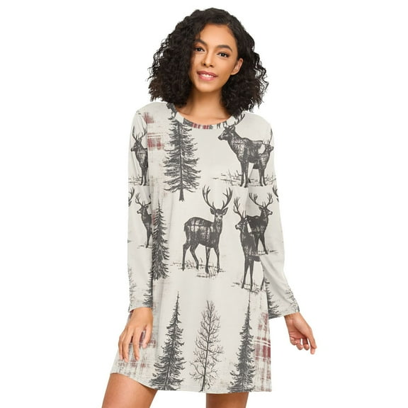 FORMRS Womens Long Sleeve Nightgowns Crew Neck Sleep Shirt Soft Pajamas Sizes S-3XL, Beige Deer