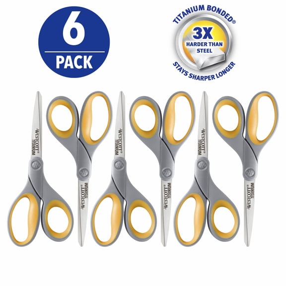 Westcott Titanium 7-Inch Straight Scissors, Gray/Yellow, Office Use, 6 Pack