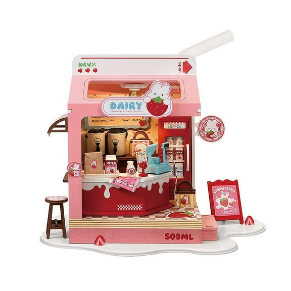 Robotime Food Box Shop Set Toy DIY Miniature House Kit with LED Gifts for Teens Adults,Strawberry Milk Box