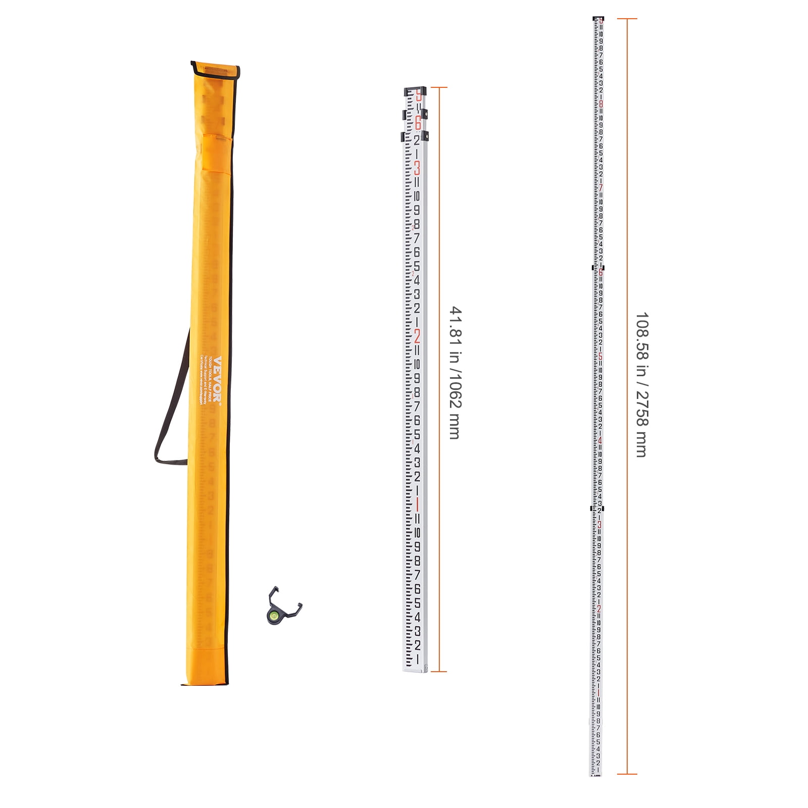 VEVOR Aluminum Grade Rod,9-Feet/8ths 3 Sections Telescopic Measuring Rod,Double-Sided Scale 1/8in Leveling Rod Stick,Aluminum Alloy Survey Rod with Bubble Level &Carrying Bag for Houses,Walls,Floors