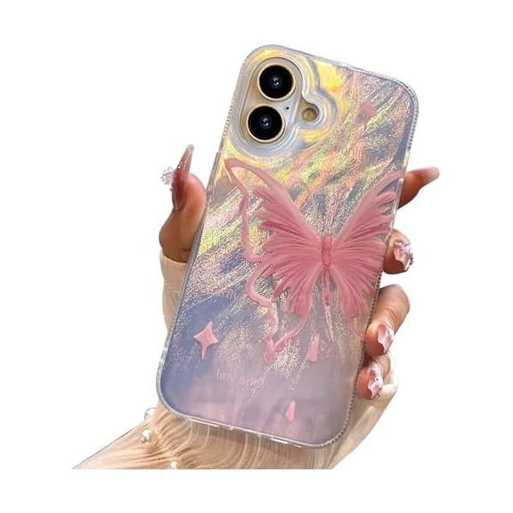 FU1999 Compact Case for iPhone 16 Plus Pale Pink Butterfly Design,Cute Trendy Soft Slim TPU Shockproof Protective Phone Cases Cover for Women Girls Aesthetic Glitter