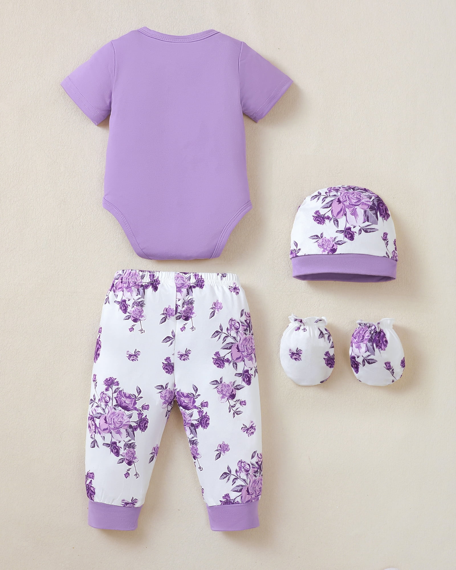 Kimi Bear Newborn Baby Girls Layette Essentials Set 3-6 Months Summer Clothes 4 Packs Short Sleeves Romper Tops Pants Sets with Hats and Gloves 16pcs Girl Gifts Purple