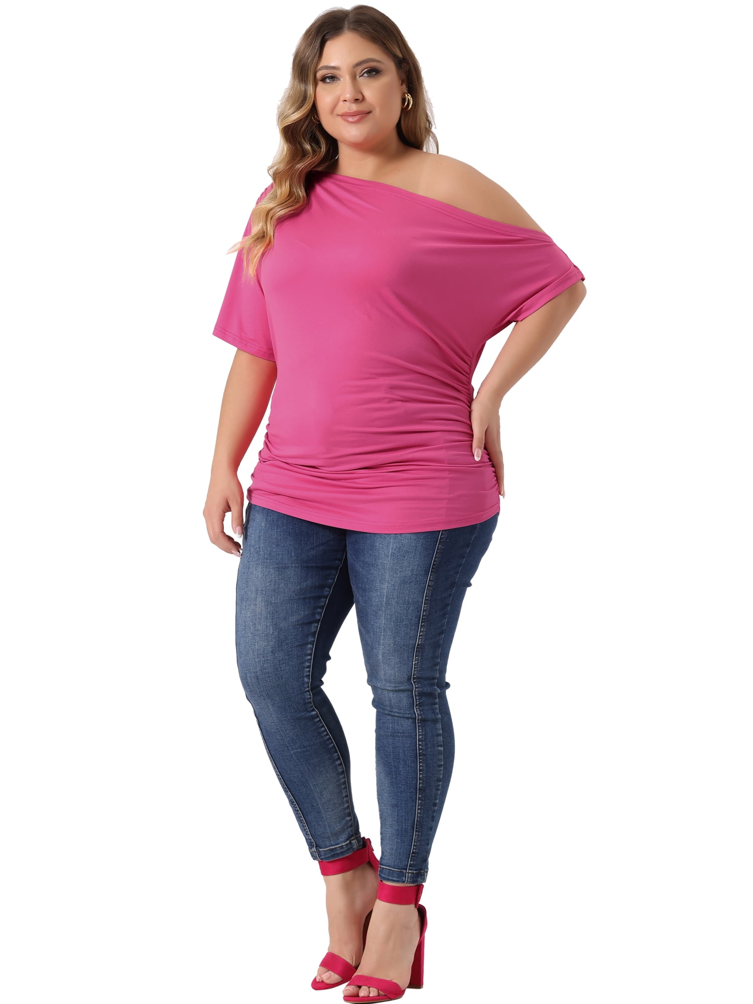 Women's Plus Tops One Shoulder Short Sleeve Ruched Basic Blouses Summer Tee Tops 2X Hot Pink