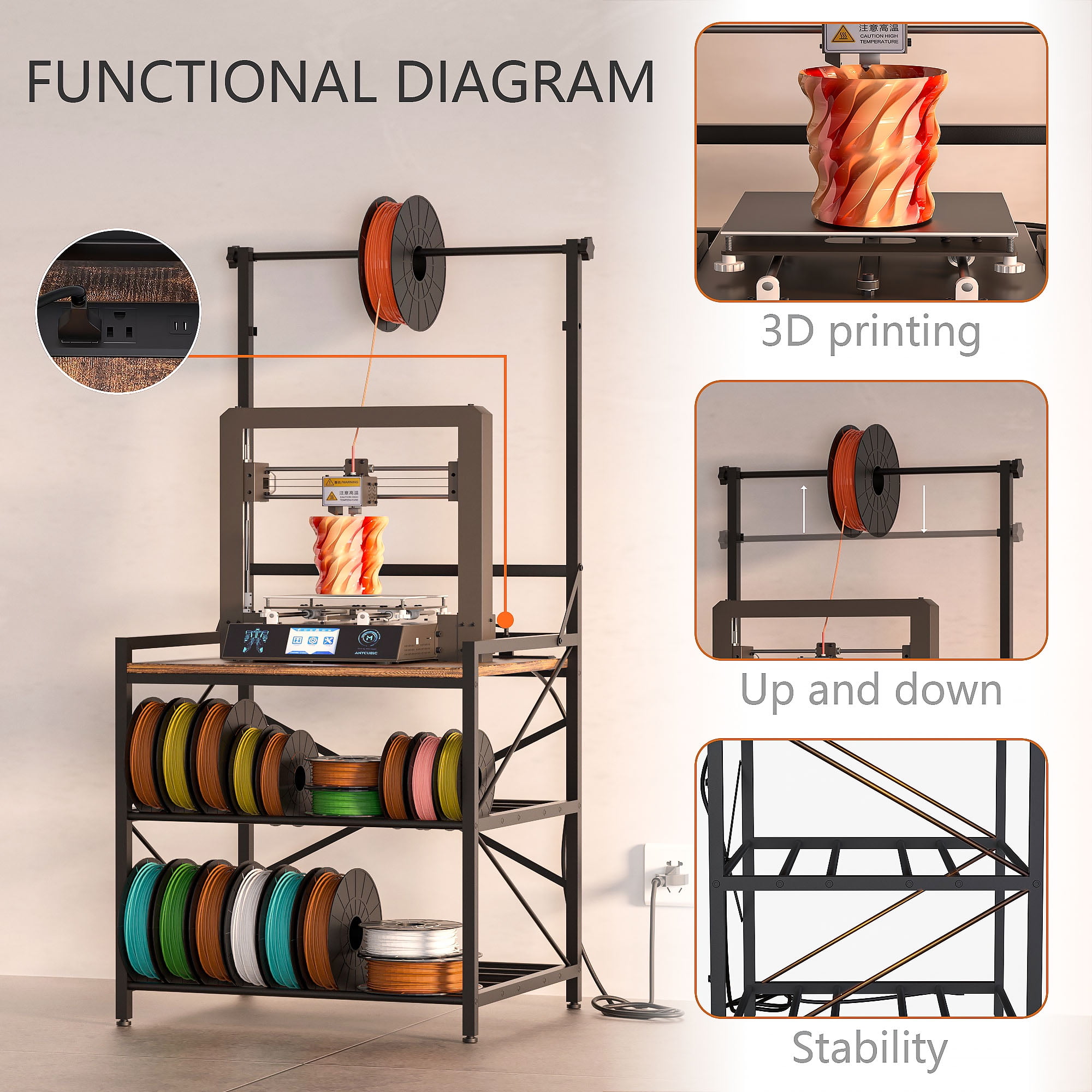3D Printer Stand,3D Printer Filament Storage,3D Printer Table Heavy 3D Printer Desk Spool PLA,ABS,PETG for Garage Office Workshop Home Workshop