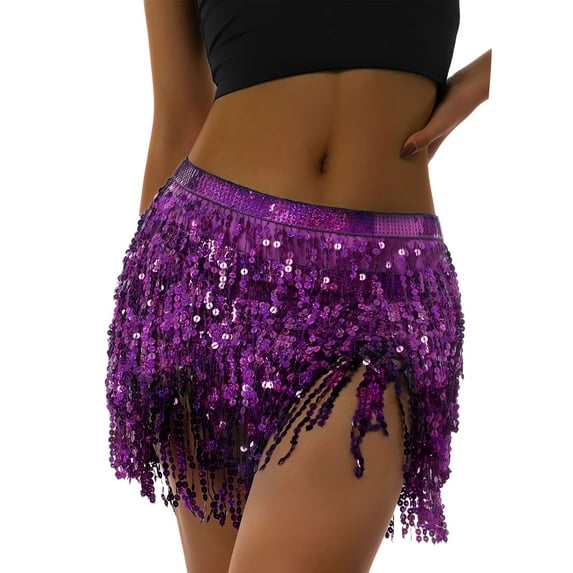 KOMOO Women Boho Sequin Tassel Skirt Fringe Belly Skirt Rave Party Dance Miniskirt