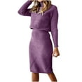 thumbnail image 2 of Women's Two Piece Suit Turtleneck Knitted Solid Color Thick Lapel Pullover Sweater And Knee Length skirt Set Purple XL, 2 of 6
