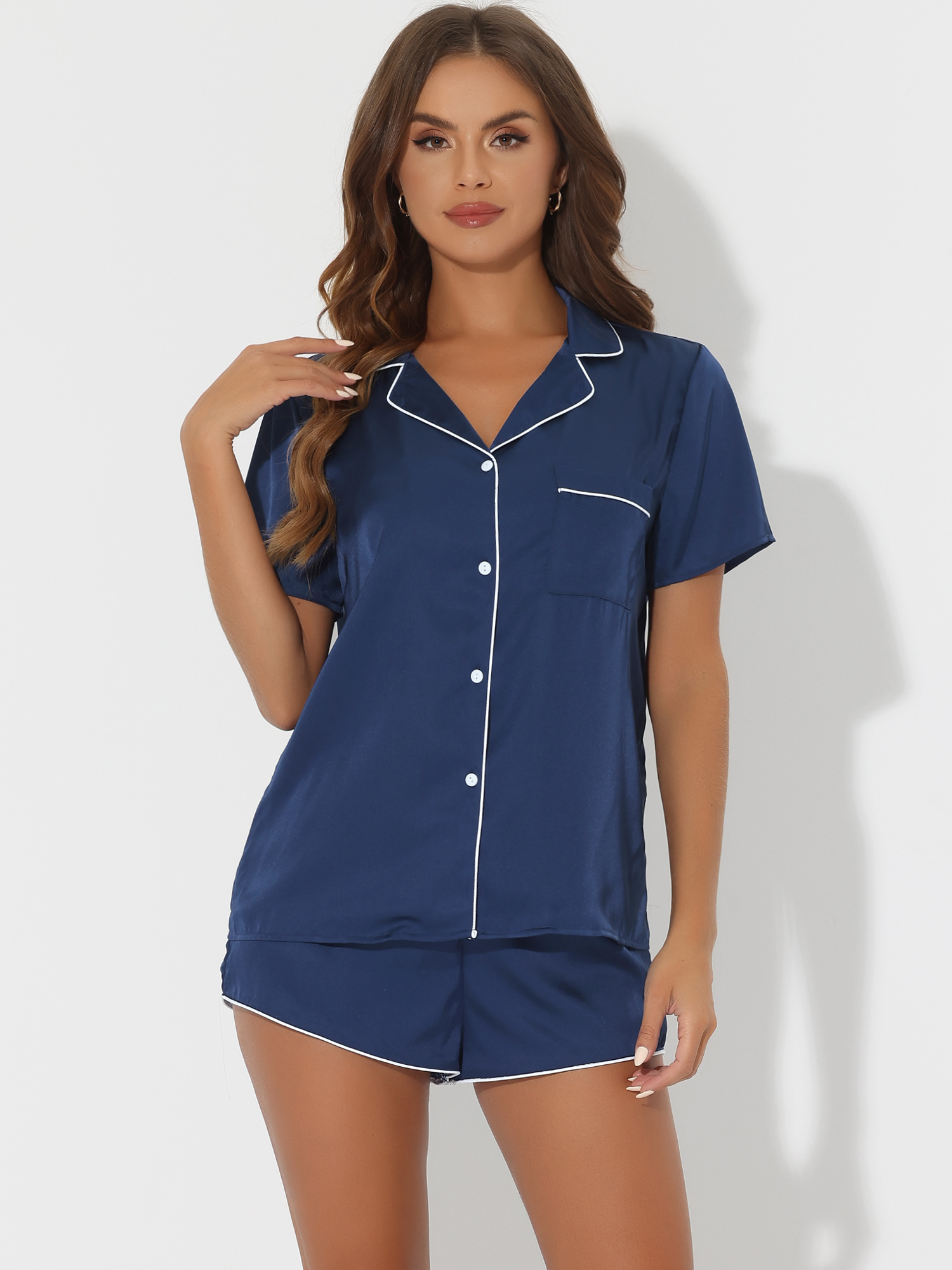 DARING DIVA Women's Satin Front Single Pocket Pajamas Sets L Navy Blue